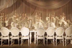 Elegant banquet table with white chairs, tall glass candle holders, and cascading white floral arrangements, set against a backdrop of draped cream-colored fabric. The scene is warmly lit and sophisticated.